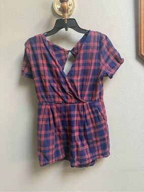 Plaid Short Sleeve Wrap Romper in Navy and Red